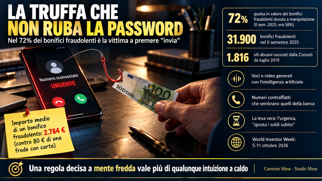 Frodi da manipolazione nei bonifici: infografica Studio Mese con i dati Banca d'Italia