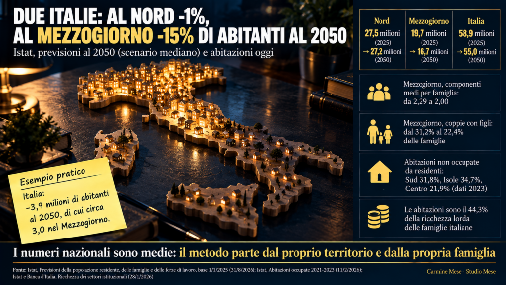 Infografica sulle previsioni demografiche Istat al 2050: Nord da 27,5 a 27,2 milioni di abitanti, Mezzogiorno da 19,7 a 16,7 milioni