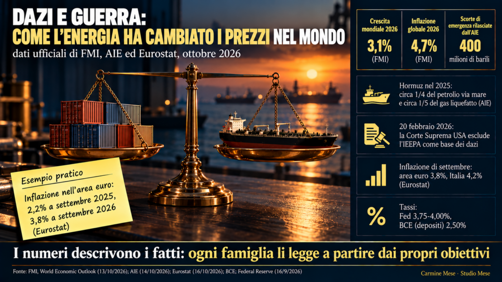 Infografica su dazi, guerra e energia: crescita mondiale 3,1%, inflazione 4,7%, 400 milioni di barili di scorte rilasciate